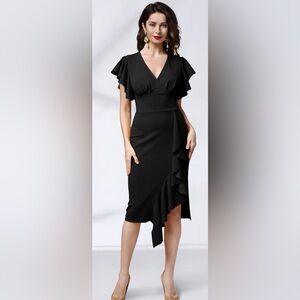Knitee Women's XXL Black V Neck Ruffle Sleeves Cocktail Party Pencil Slit Dress